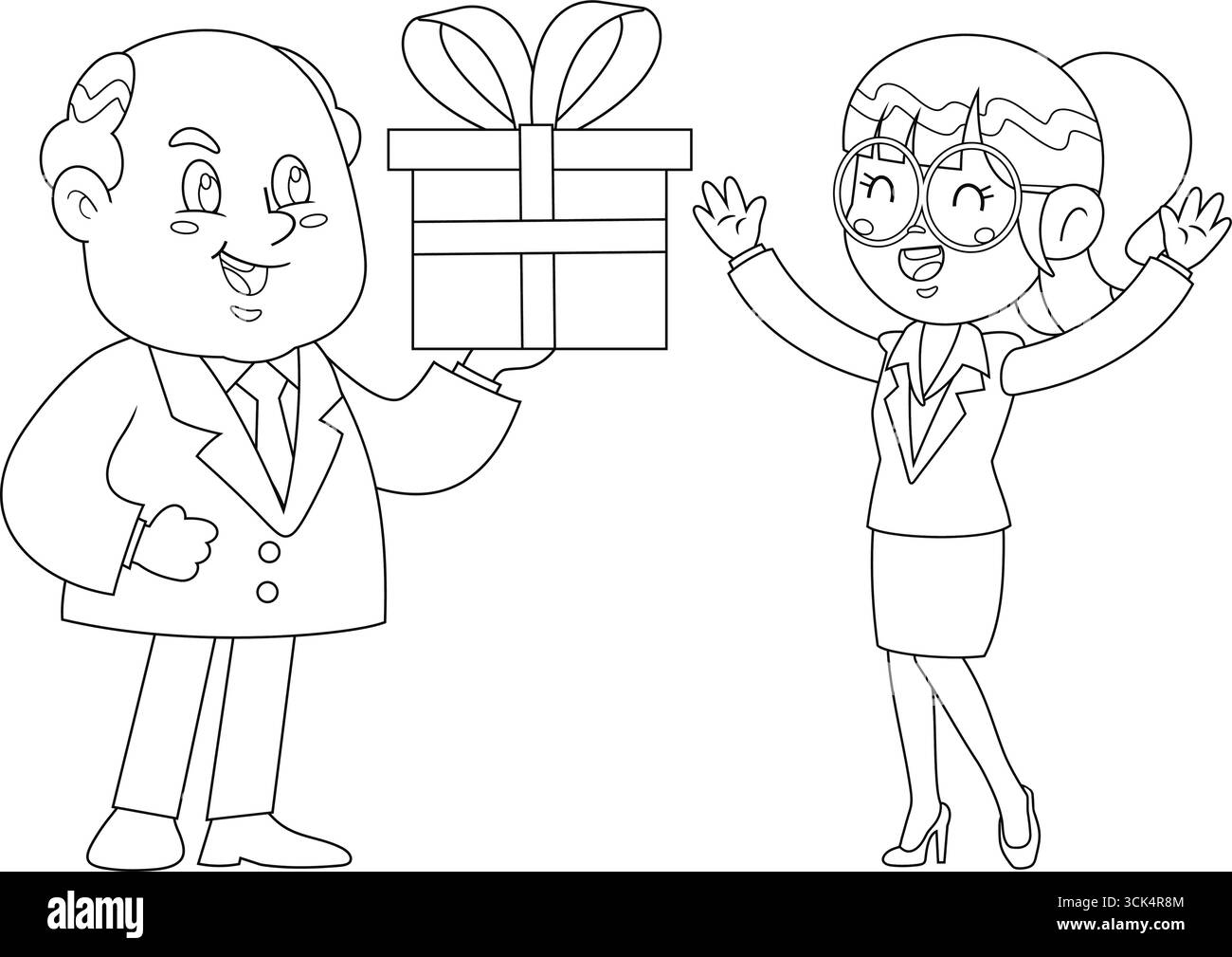 Delineato Happy Business Boss Man Segretario sorprendente con i personaggi Gift Cartoon. Illustrazione vettoriale disegnata a mano isolata su sfondo trasparente Illustrazione Vettoriale