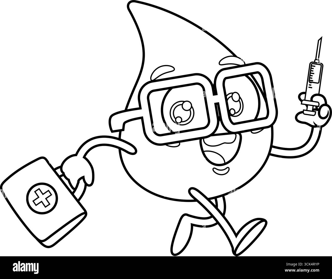 Carino personaggio del Dottore Cartoon che corre con Una sacca Medicina e Una siringa. Illustrazione vettoriale disegnata a mano Illustrazione Vettoriale