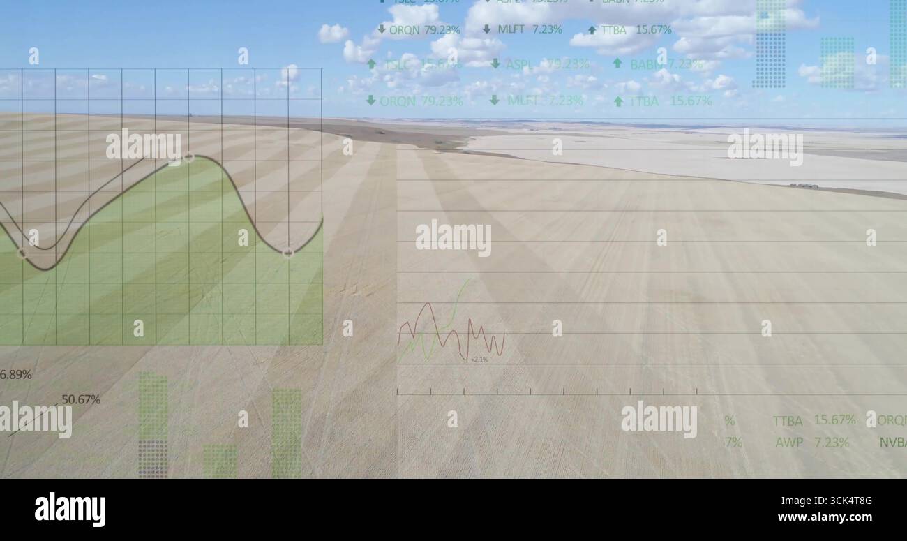Visualizzazione della sovrapposizione verde sui campi con grafico dell'area, ticker e linee di trend, spazio di copia Foto Stock