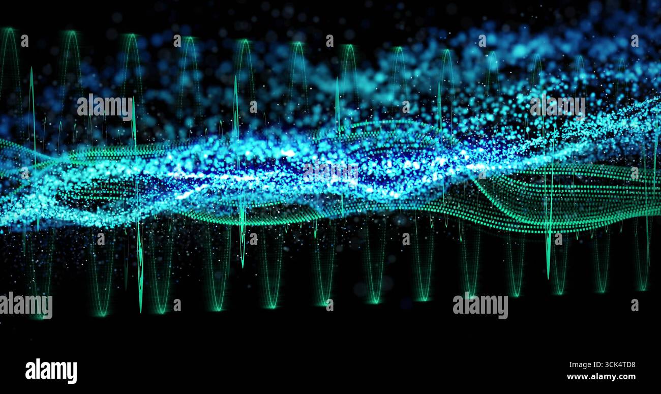 Visualizzazione di puntini turchesi e blu ondulati su una tela virtuale scura, per trasmettere dati fluenti Foto Stock