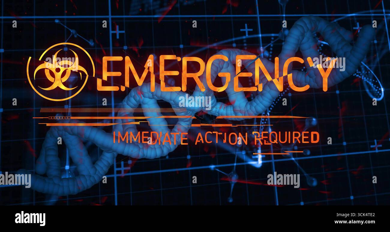 Avvertenza DI EMERGENZA lampeggiante con icona di rischio biologico ed elica DNA sul pannello, griglia sovrapposta, particelle rosse Foto Stock