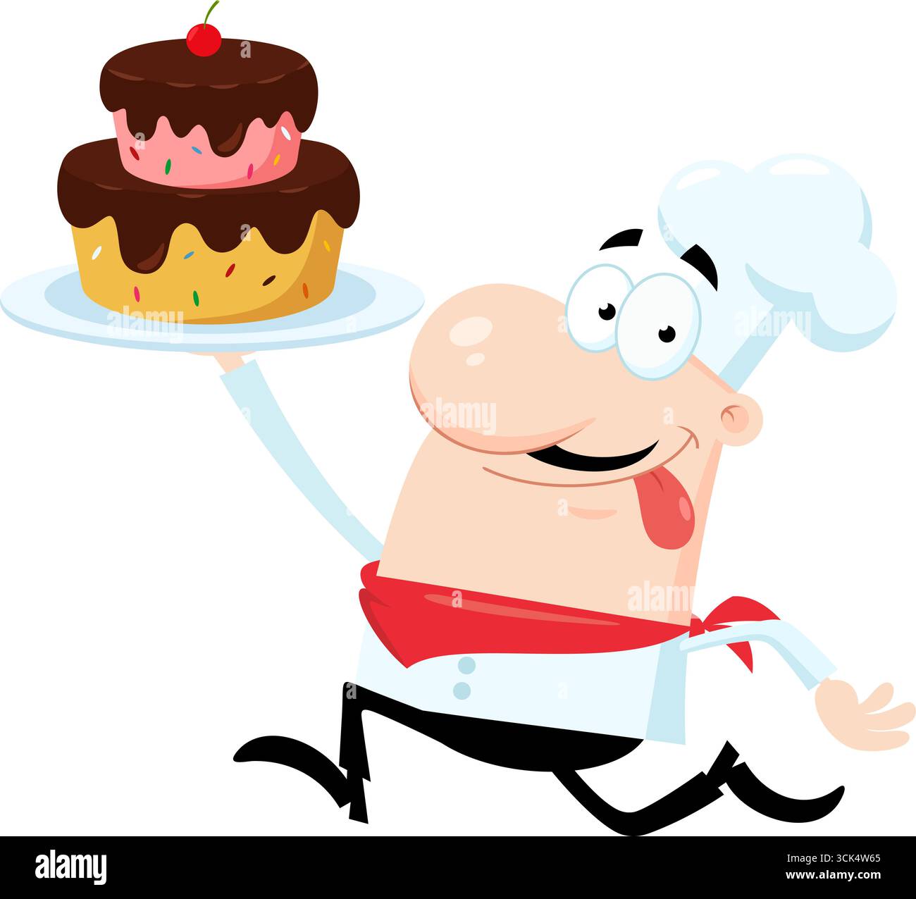 Il sorridente Chef Man Cartoon Character gestisce Un vassoio con torta. Illustrazione vettoriale Flat Design isolato su sfondo trasparente Illustrazione Vettoriale