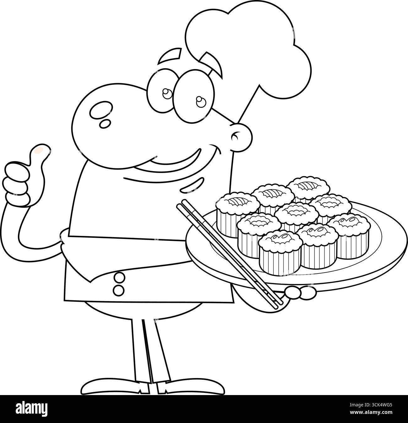 Lo Chef Man Cartoon presenta il Sushi, propone specialità di pesce giapponesi e regala il pollice. Illustrazione vettoriale disegnata a mano Illustrazione Vettoriale