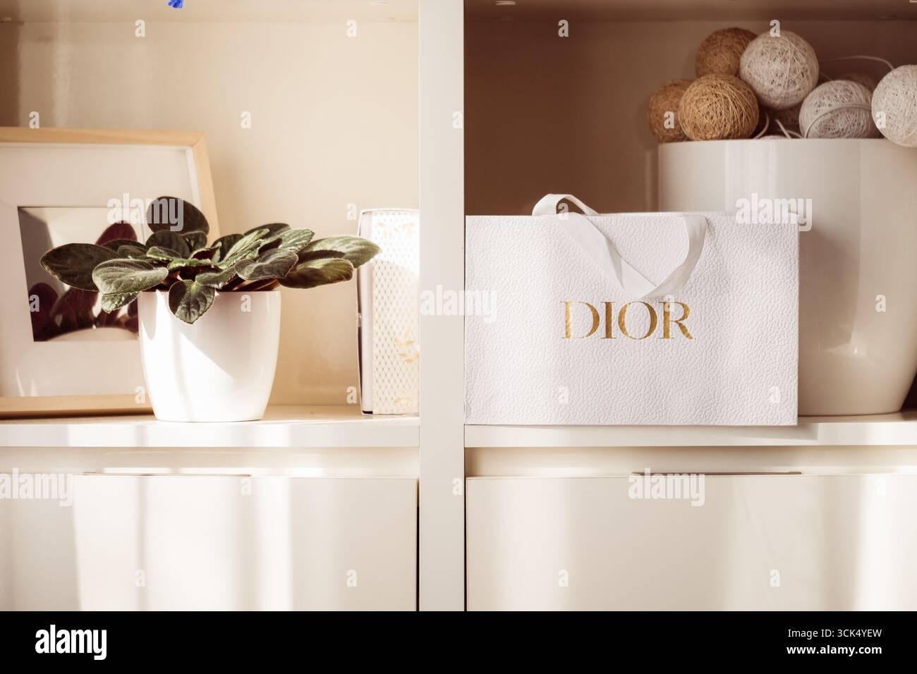 Riga, Lettonia - 4 settembre 2025: Dior, borsa di lusso bianca elegantemente posizionata su uno scaffale accanto a una pianta in vaso ed elementi decorativi, evidenziando Foto Stock
