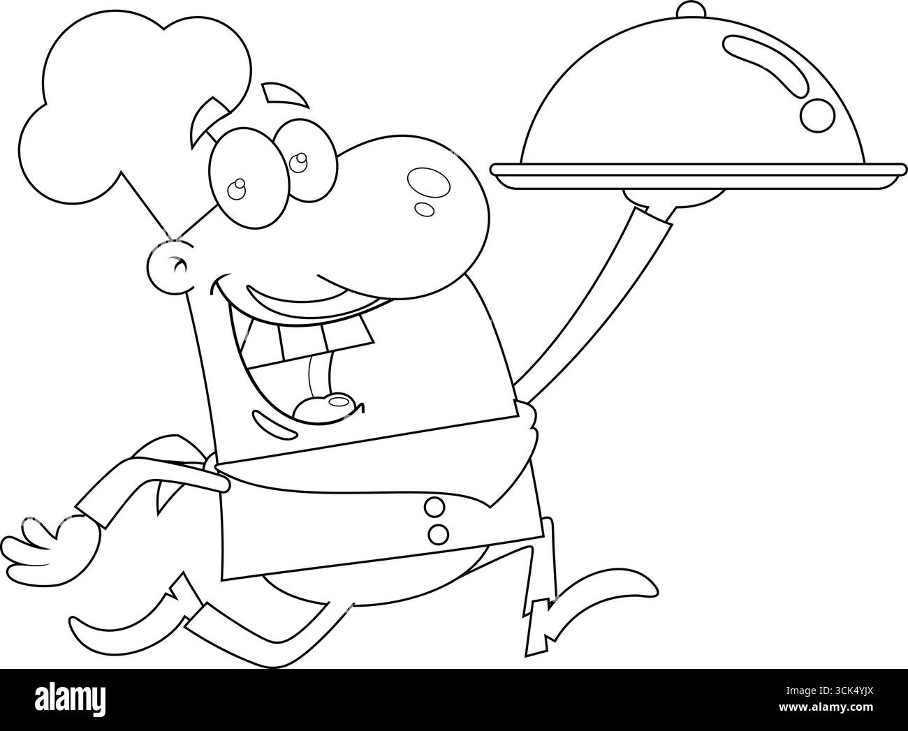 Disegnato il sorridente Chef Man personaggio Cartoon in esecuzione con Silver Platter. Illustrazione vettoriale disegnata a mano isolata su sfondo trasparente Illustrazione Vettoriale