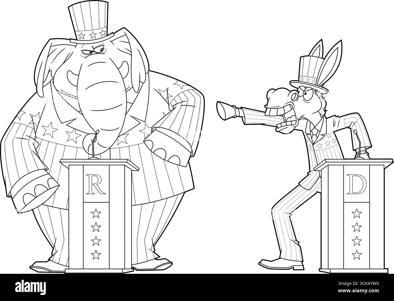 Delineato Elefante repubblicano contro Democrat Donkey Cartoon personaggi. Illustrazione vettoriale disegnata a mano isolata su sfondo trasparente Illustrazione Vettoriale