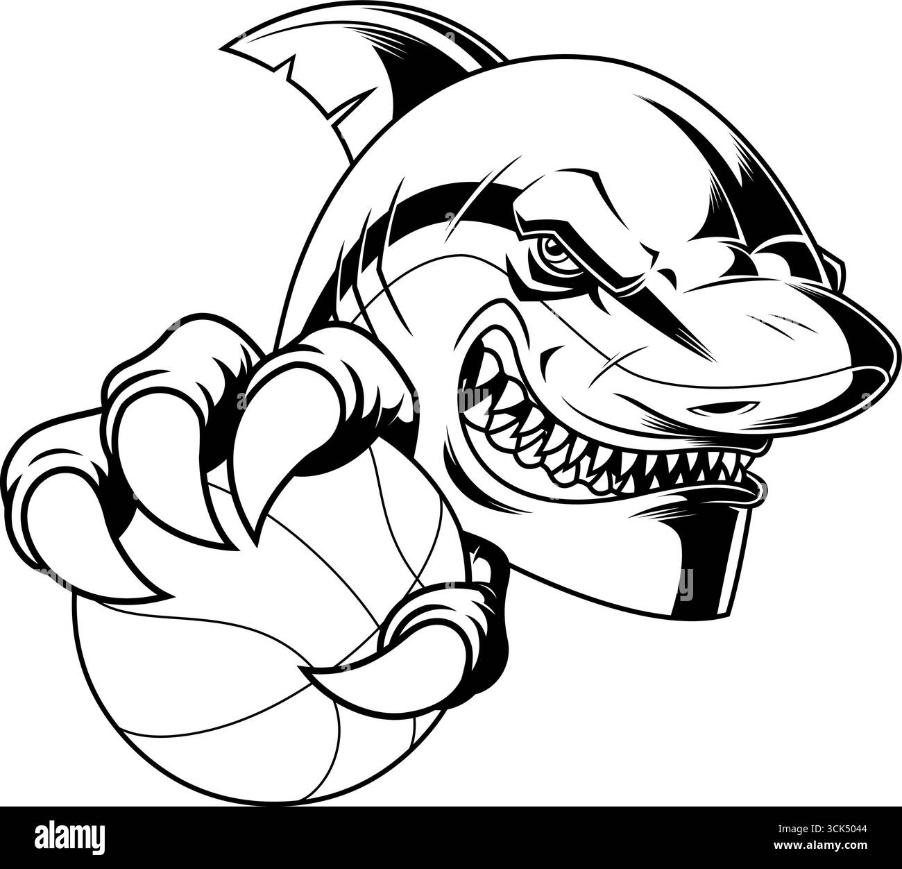 Design con logo sagomato Shark Clawing Basketball Sports Mascot. Illustrazione vettoriale disegnata a mano isolata su sfondo trasparente Illustrazione Vettoriale