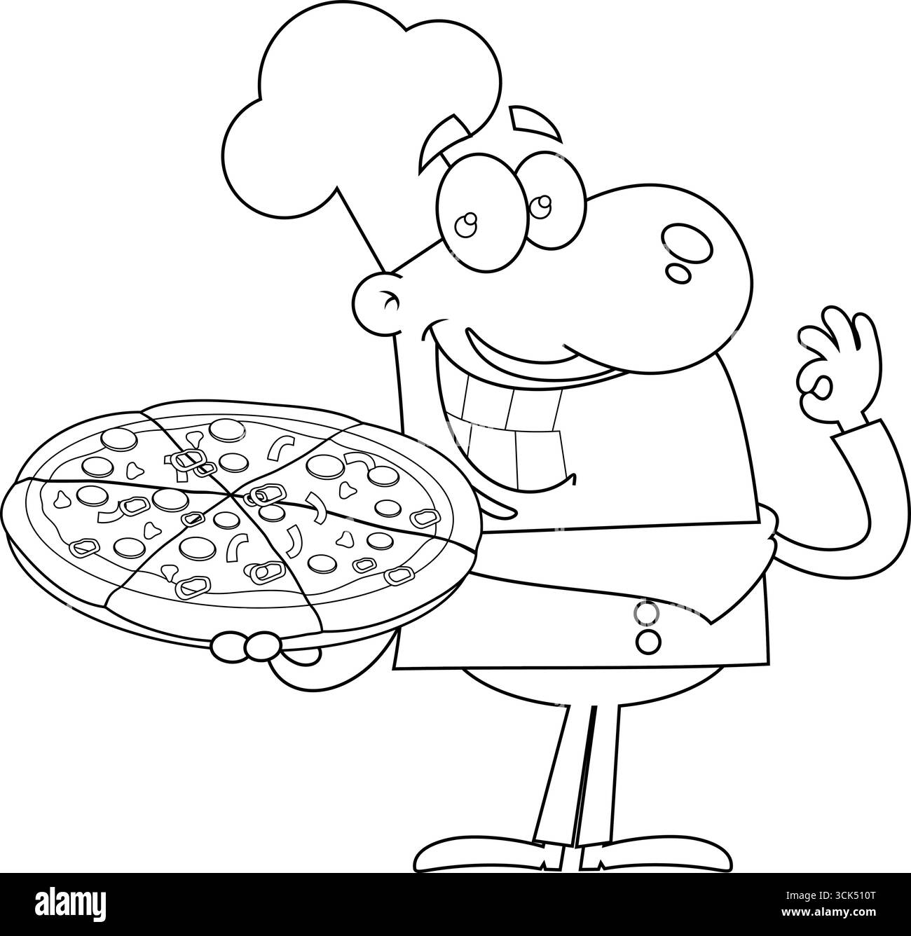 Lo Chef Man sorridente personaggio del cartone animato che tiene una pizza e fa gesti. Illustrazione vettoriale disegnata a mano isolata su sfondo trasparente Illustrazione Vettoriale