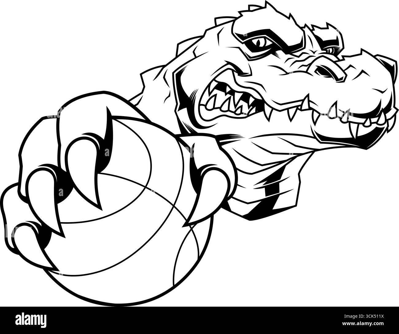 Design del logo della mascotte sportiva da pallacanestro con rivestimento in alligatore arrabbiato. Illustrazione vettoriale disegnata a mano isolata su sfondo trasparente Illustrazione Vettoriale