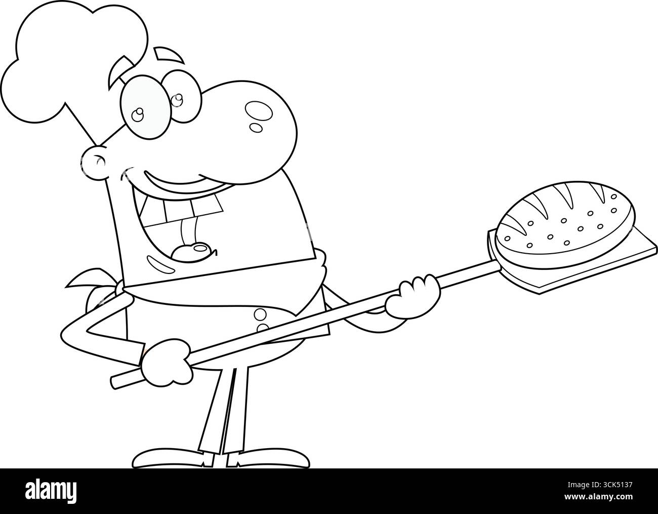 Delineato Happy Chef Baker Man personaggio del cartone animato che tiene in mano lo strumento di buccia da forno con pane. Illustrazione vettoriale disegnata a mano isolata su sfondo trasparente Illustrazione Vettoriale