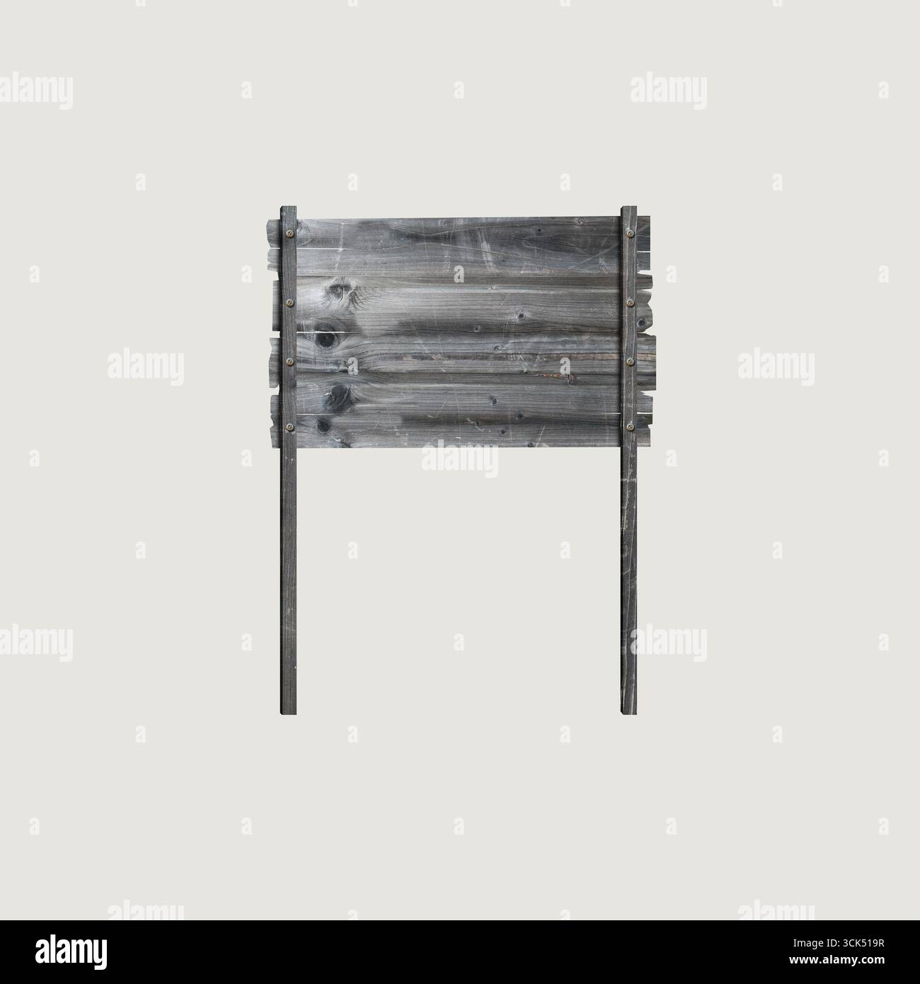 Un semplice cartello di legno su pali metallici, probabilmente a scopo direzionale o informativo. Foto Stock