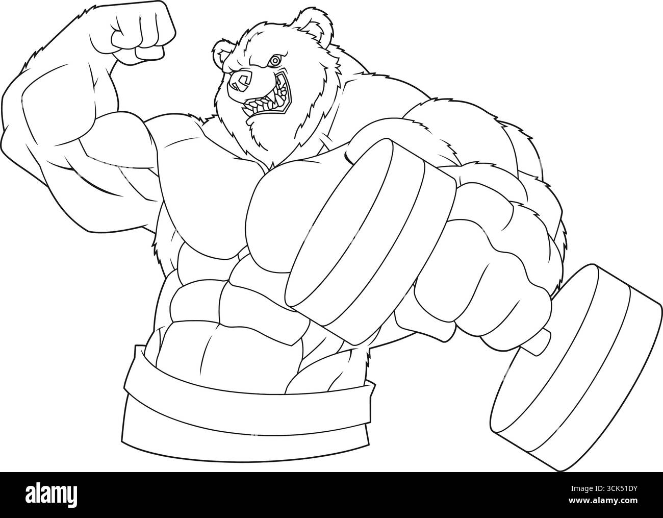 Disegno con logo per mascherina sportiva Hardcore Bear Flexing Muscles. Illustrazione vettoriale disegnata a mano isolata su sfondo trasparente Illustrazione Vettoriale