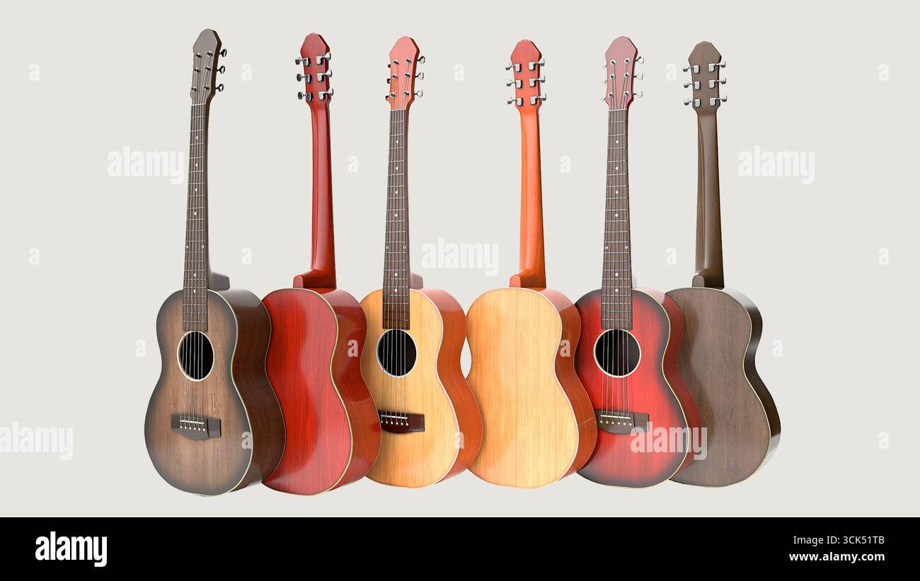 Una collezione di sei colorate chitarre acustiche disposte insieme, con finiture e forme in legno diverse. Foto Stock
