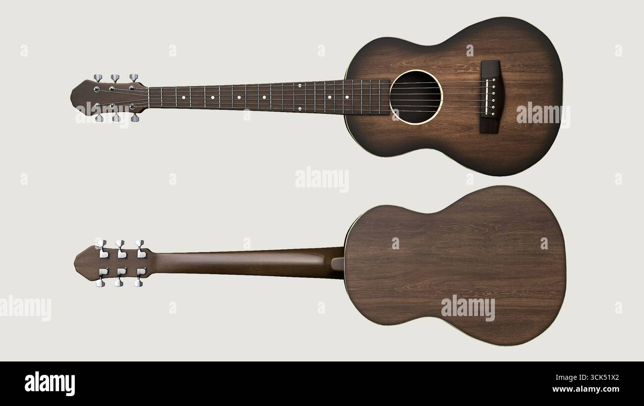 Una chitarra acustica in legno che mostra la vista frontale, posteriore e laterale, enfatizzando l'artigianalità e il design. Foto Stock