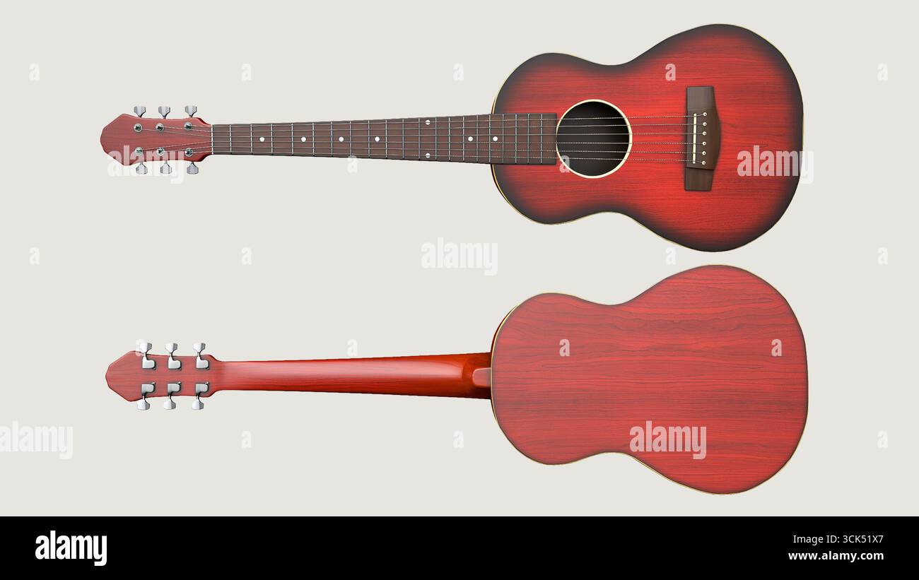 Una chitarra acustica rossa mostrata sul davanti, sul retro e lateralmente, che ne mette in risalto il design e la maestria artigianale. Foto Stock