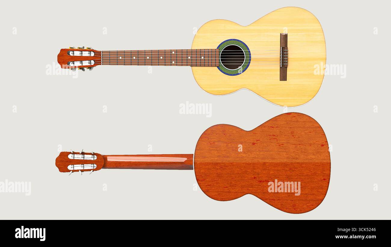 Un'illustrazione digitale di una chitarra in legno che mostra sia la vista anteriore che quella posteriore. Foto Stock