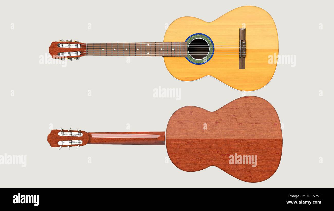 Un'illustrazione dettagliata di una chitarra che mostra la vista anteriore e posteriore. Foto Stock
