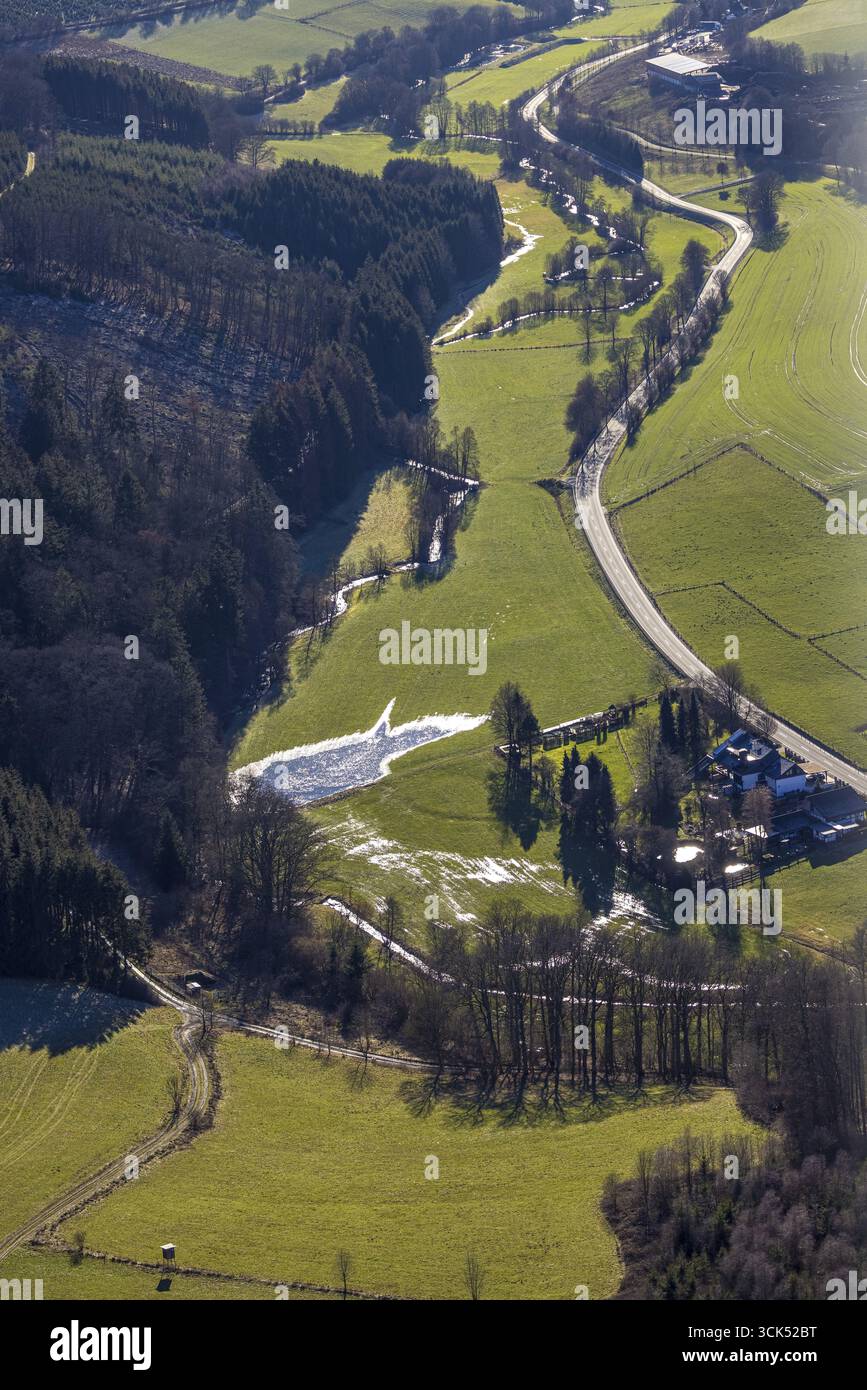 Veduta aerea, fiume Esselbach, strada federale 55 ai margini della foresta di Esseltal, Eslohe, Sauerland, Renania settentrionale-Vestfalia, Germania, DE, Europa, A. Foto Stock