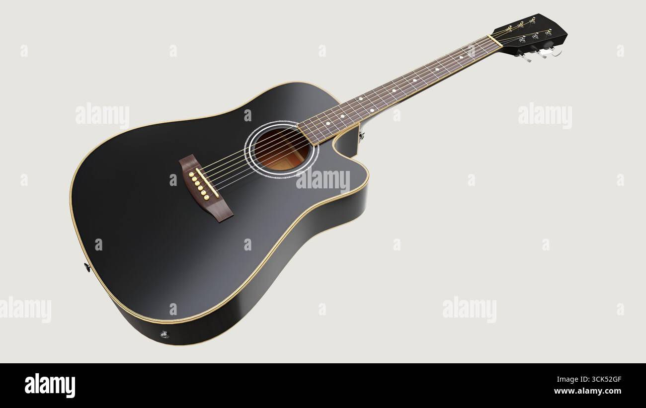 Elegante chitarra acustica nera con finitura liscia, progettata per creare musica e prestazioni. Foto Stock