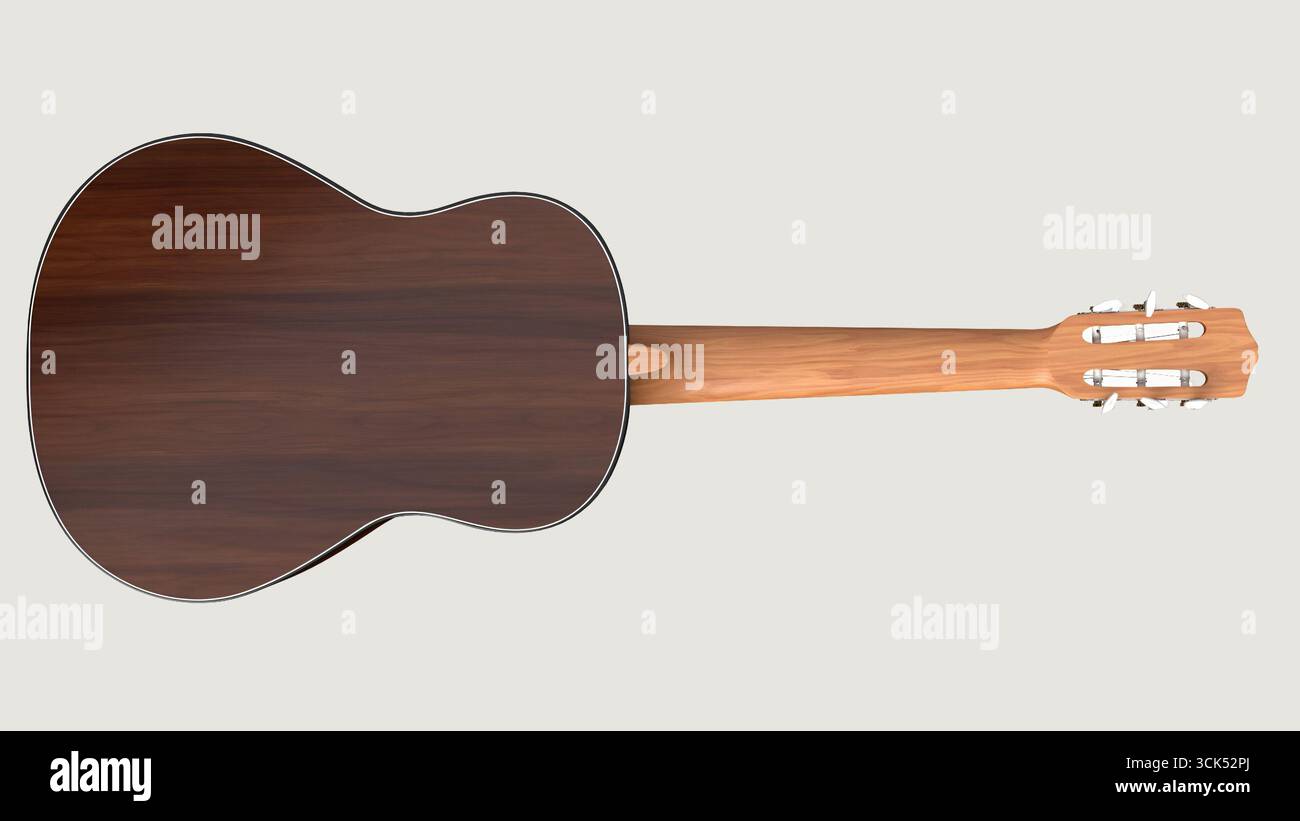Vista dall'alto di una chitarra acustica che mostra il corpo e il collo in legno. Foto Stock