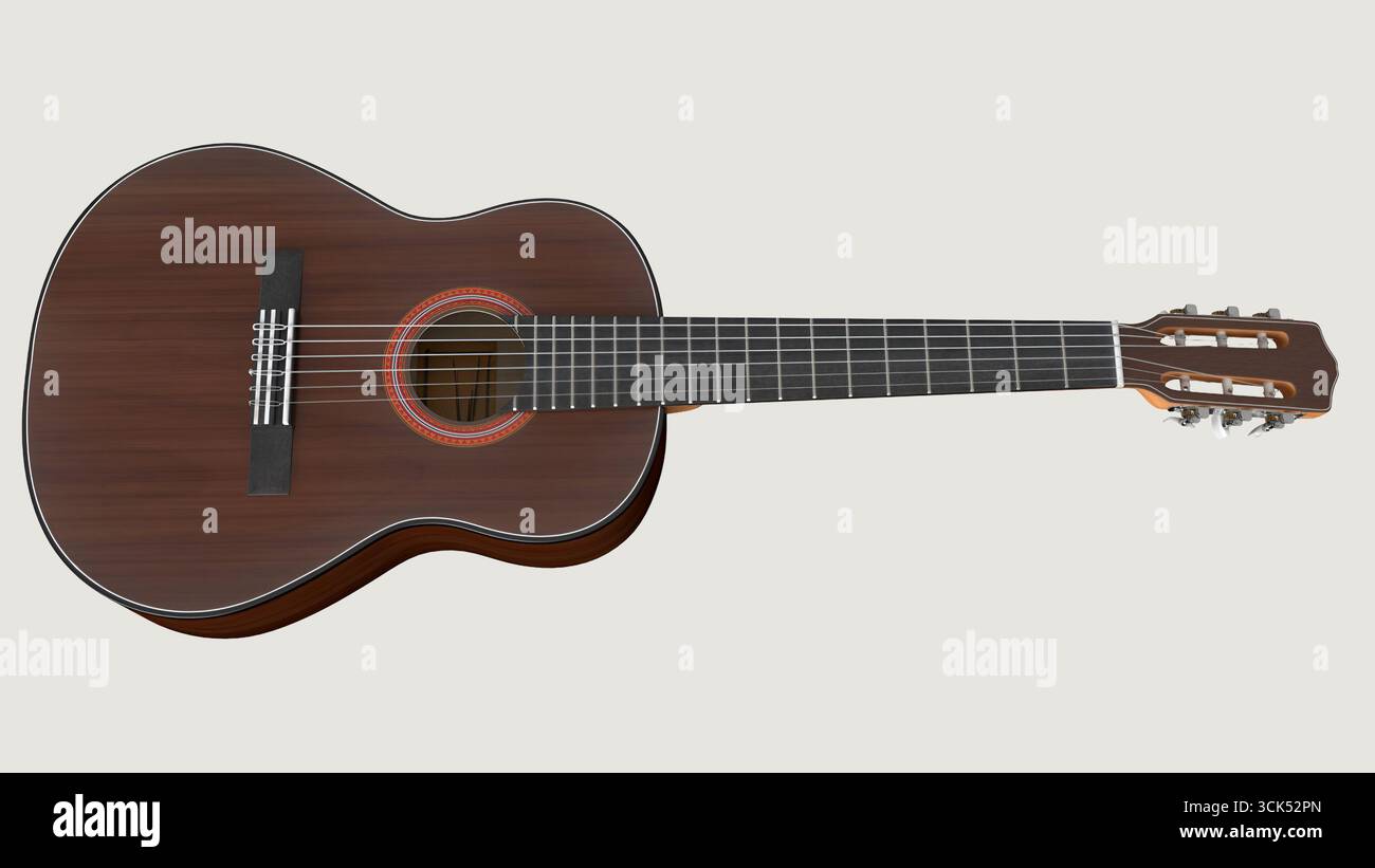 Una chitarra acustica in legno con un buco circolare e sei corde, progettata per prestazioni musicali. Foto Stock