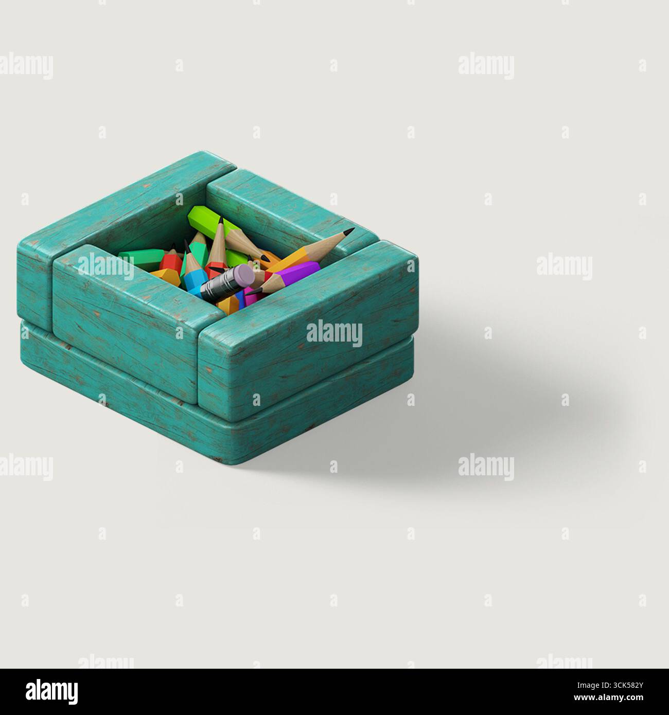 Una scatola di legno piena di materiali d'arte colorati come pastelli e pennarelli, ideale per attività creative. Foto Stock