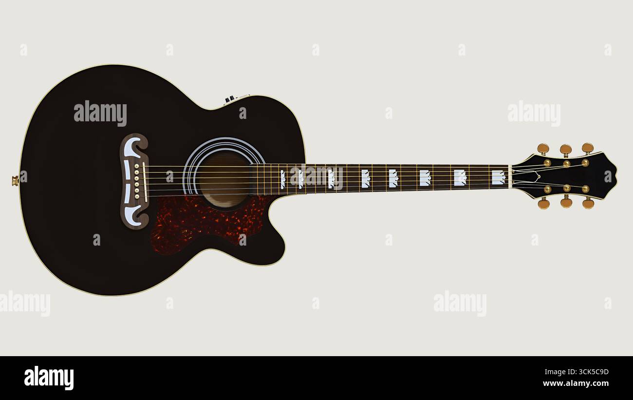 Una chitarra acustica nera con finitura lucida ed elementi decorativi, progettata per prestazioni musicali e divertimento. Foto Stock