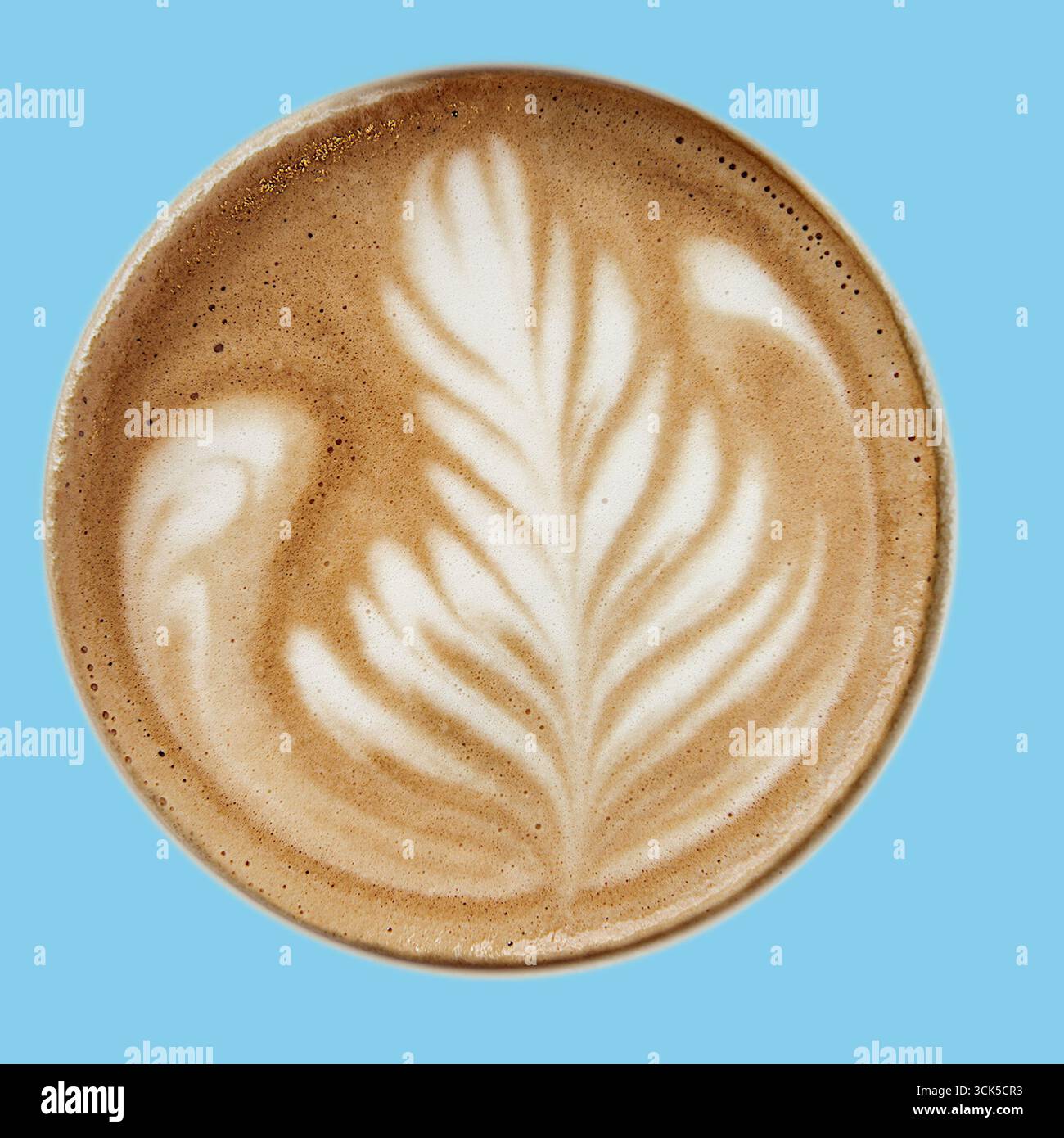 Un latte realizzato in modo splendido con un'intricata grafica in schiuma che ricorda un motivo a foglia. Foto Stock