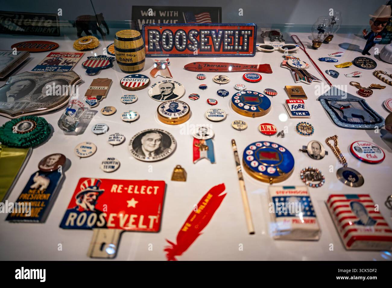 Smithsonian National Museum of American History i cimeli politici di Washington DC | WASHINGTON D.C., Stati Uniti - pulsanti campagna, segni ed ephemera di decenni di gare presidenziali riempiono una vetrina presso lo Smithsonian's National Museum of American History. Le spille per Franklin D. Roosevelt, Thomas E. Dewey, Dwight D. Eisenhower e Harry S. Truman tracciano il passaggio dai pulsanti di base alla campagna dei mass media nel ventesimo secolo. Foto Stock