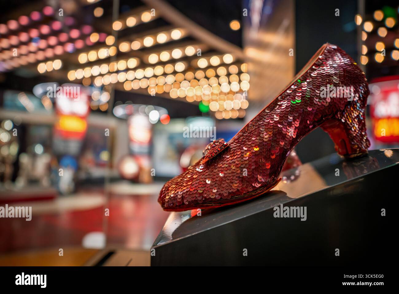 Smithsonian Museum Dorothy Ruby Slippers Washington DC // WASHINGTON DC — le pantofole Dorothy's ruby del film del 1939 *il mago di Oz* sono esposte allo Smithsonian National Museum of American History. La mostra *Entertainment Nation* presenta oggetti della collezione del museo di opere teatrali, musicali, sportive, cinematografiche e televisive. Questa mostra offre una selezione dinamica di oggetti ed esperienze interattive. Lo Smithsonian National Museum of American History si trova a Washington D.C. Foto Stock