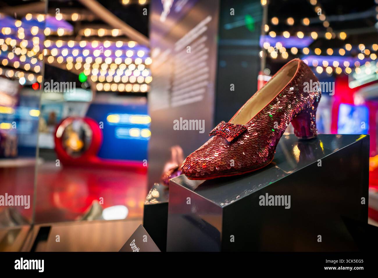 Smithsonian National Museum of American History Dorothy's Ruby Slippers Washington DC // WASHINGTON DC — le pantofole ruby di Dorothy del film del 1939 The Wizard of Oz sono esposte allo Smithsonian National Museum of American History. La mostra Entertainment Nation presenta una selezione di oggetti ed esperienze interattive dalla collezione del museo di opere teatrali, musicali, sportive, cinematografiche e televisive. Lo Smithsonian National Museum of American History è dedicato a preservare e mostrare la storia della nazione attraverso le sue vaste collezioni. Foto Stock