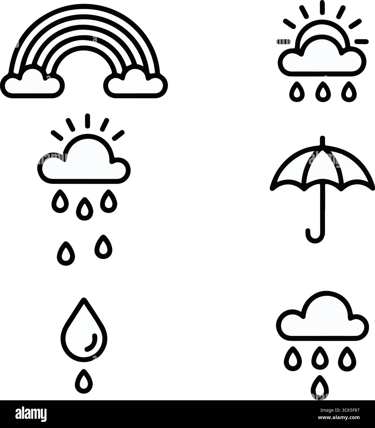 Icona meteo in bianco e nero con arcobaleni, gocce di pioggia, ombrelli, sole e nuvole Illustrazione Vettoriale