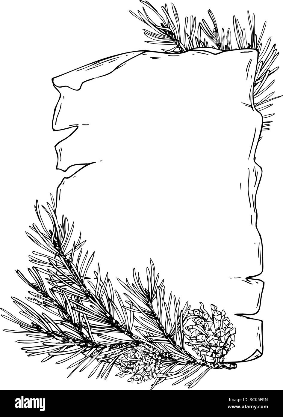 Modello natalizio disegnato a inchiostro con rami di abete rosso e pinne su rotolo, elegante cornice bianca e nera per le feste Illustrazione Vettoriale