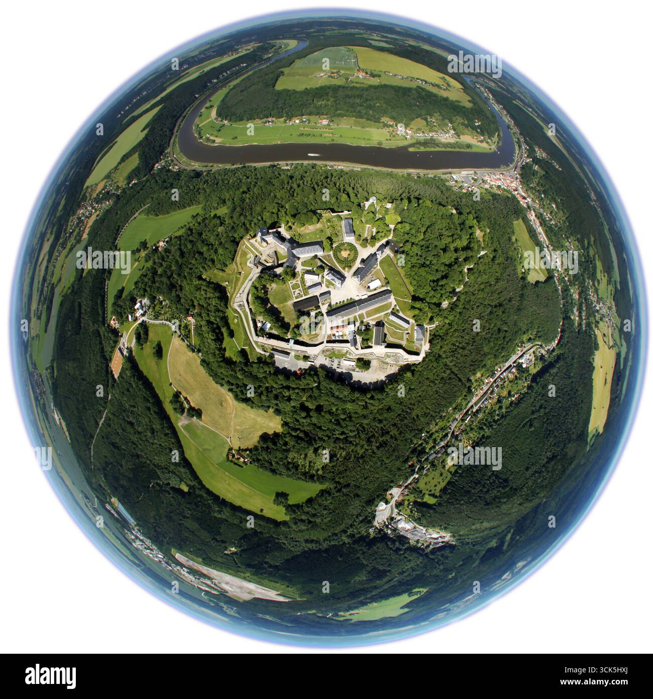 Vista aerea, valle dell'Elba, Elba, patrimonio culturale mondiale, riserva naturale, AM Koenigstein, Koenigstein/Saechs. SCHW., Sassonia, Germania, Europa, foto: ae Foto Stock