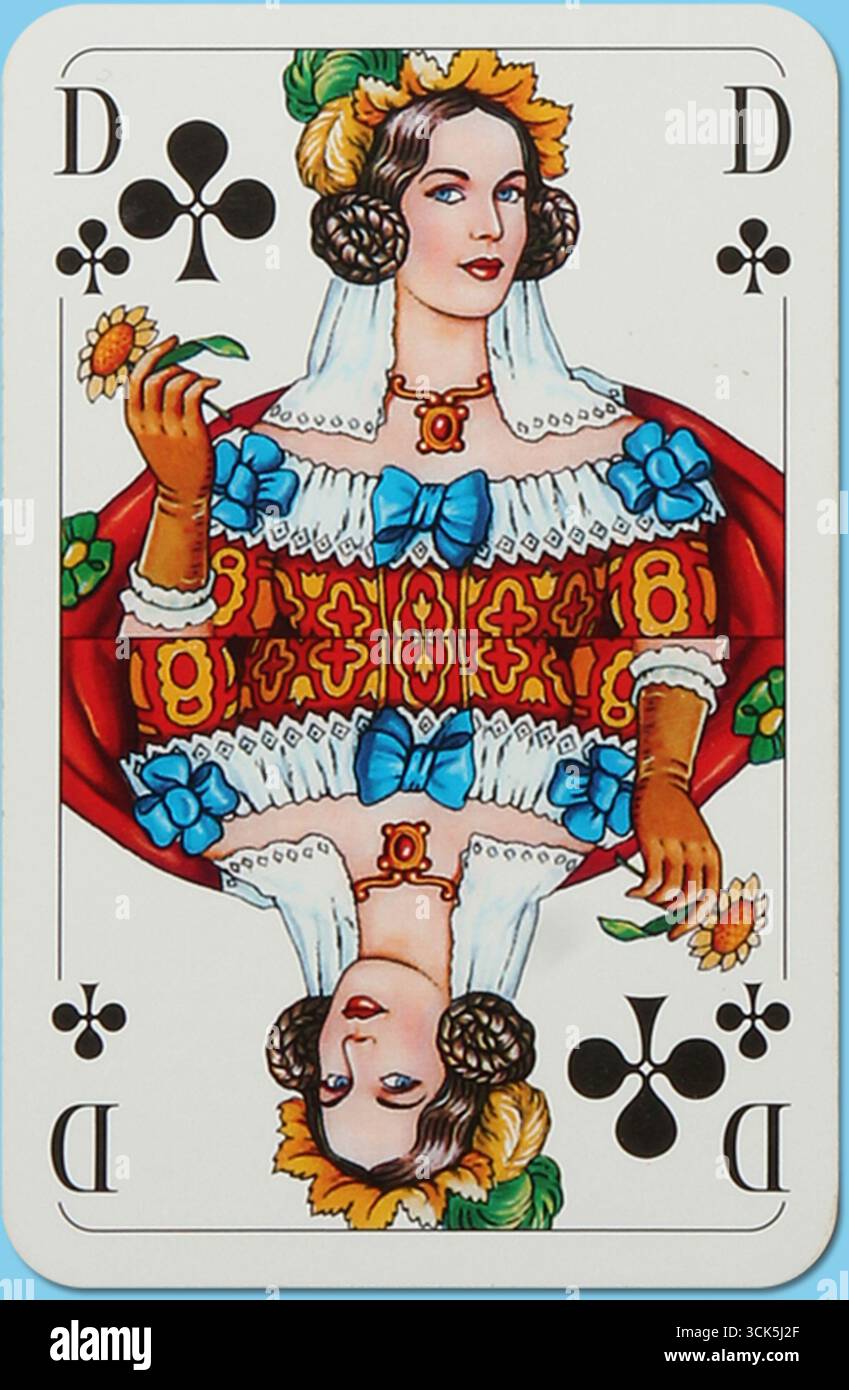 Una carta da gioco con un'illustrazione della regina adornata di fiori e un vestito colorato. Foto Stock