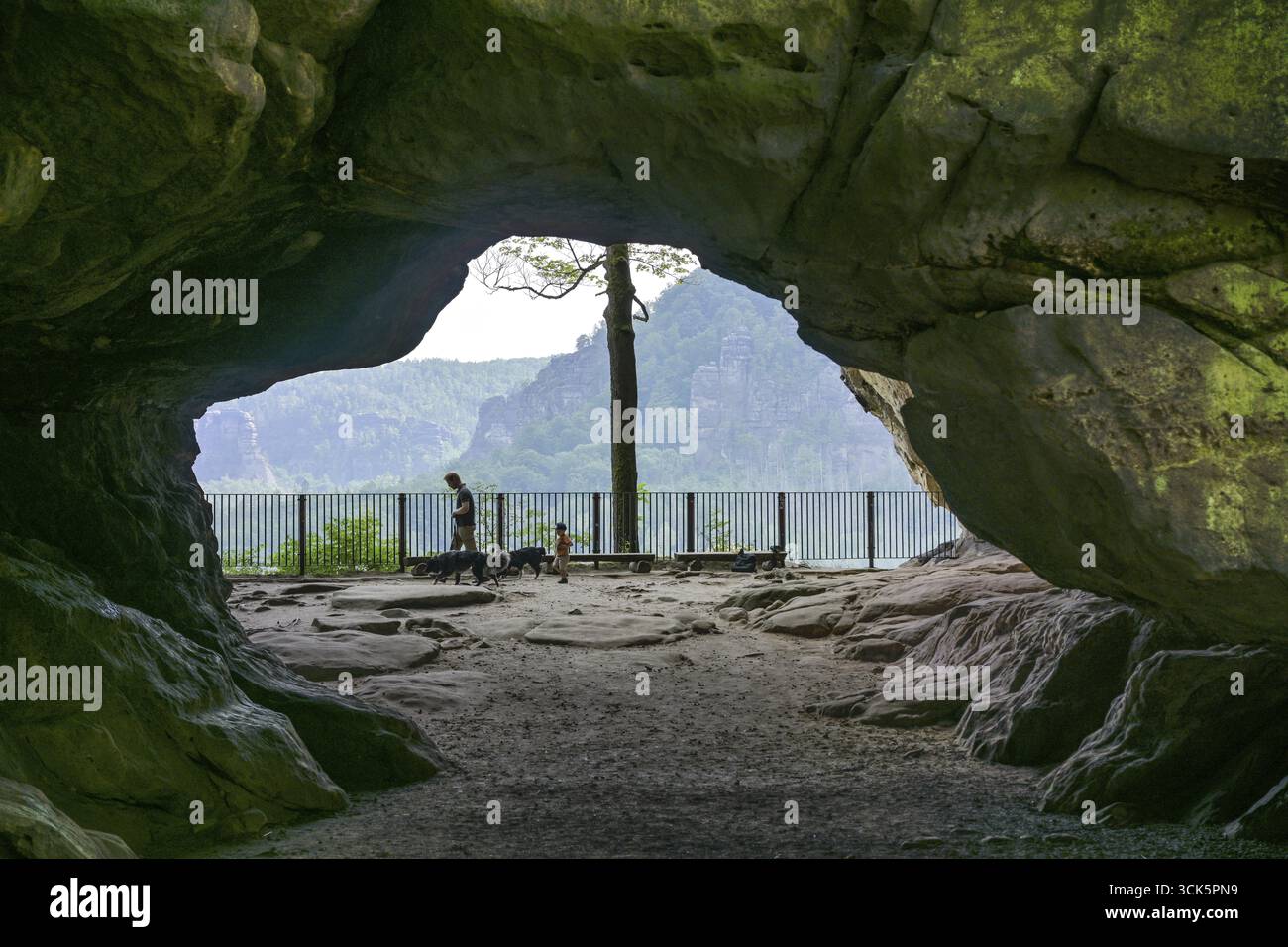 Porta di roccia di Kuhstallhoehle, sentiero escursionistico, Malerweg, regione della Svizzera sassone-Orientale dei Monti Ore, Sassonia, Germania Foto Stock