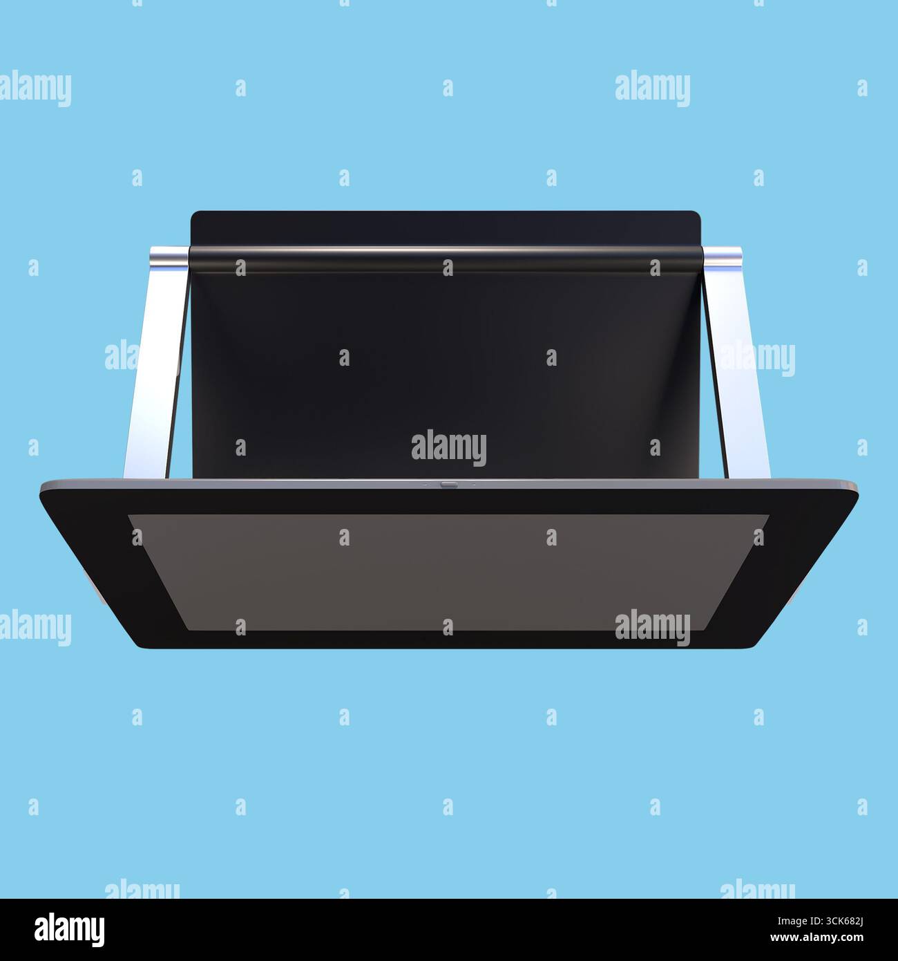 Un tablet o uno schermo elegante e moderno, visto dall'alto, che mostra il suo design minimalista e lo scopo funzionale. Foto Stock