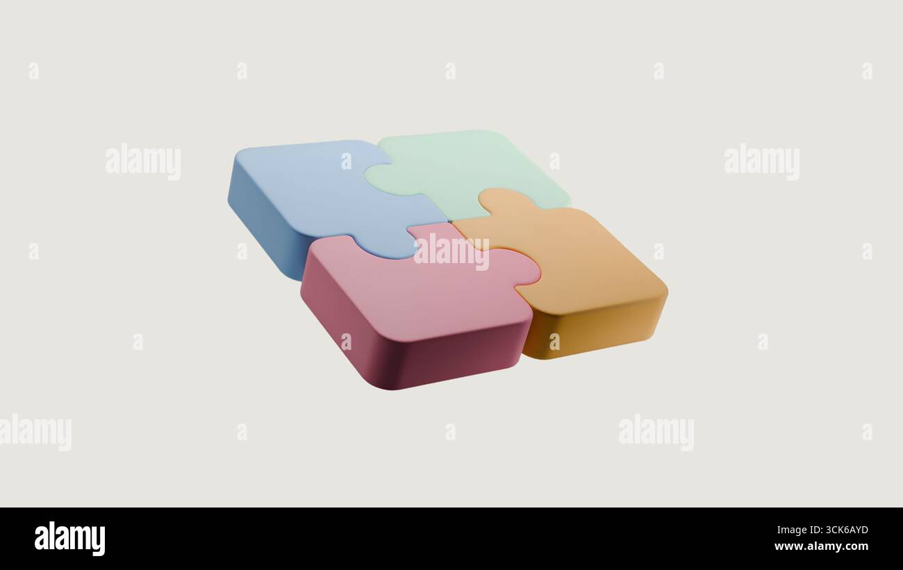 Un set di coloratissimi pezzi di puzzle 3D interconnessi tra loro. Ogni pezzo è di un colore pastello diverso, creando una scena coinvolgente e giocosa perfetta per ed Foto Stock