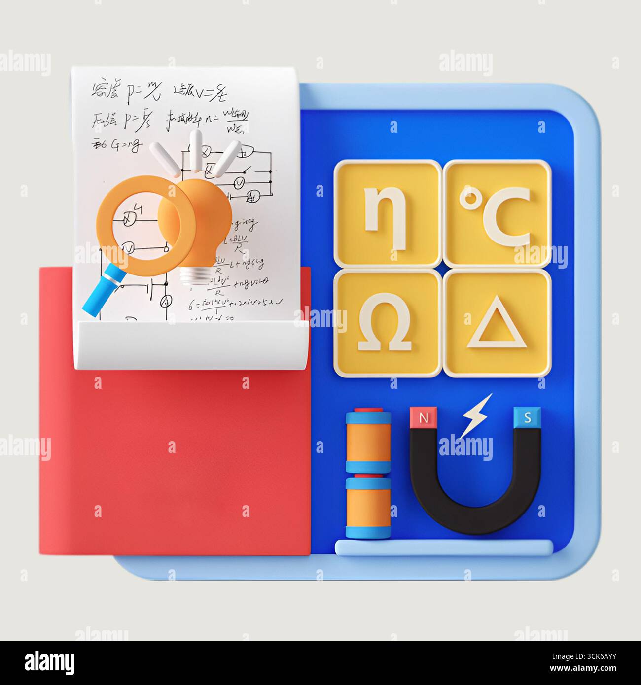 Una colorata configurazione didattica con un notebook, una lente di ingrandimento e icone scientifiche. Foto Stock