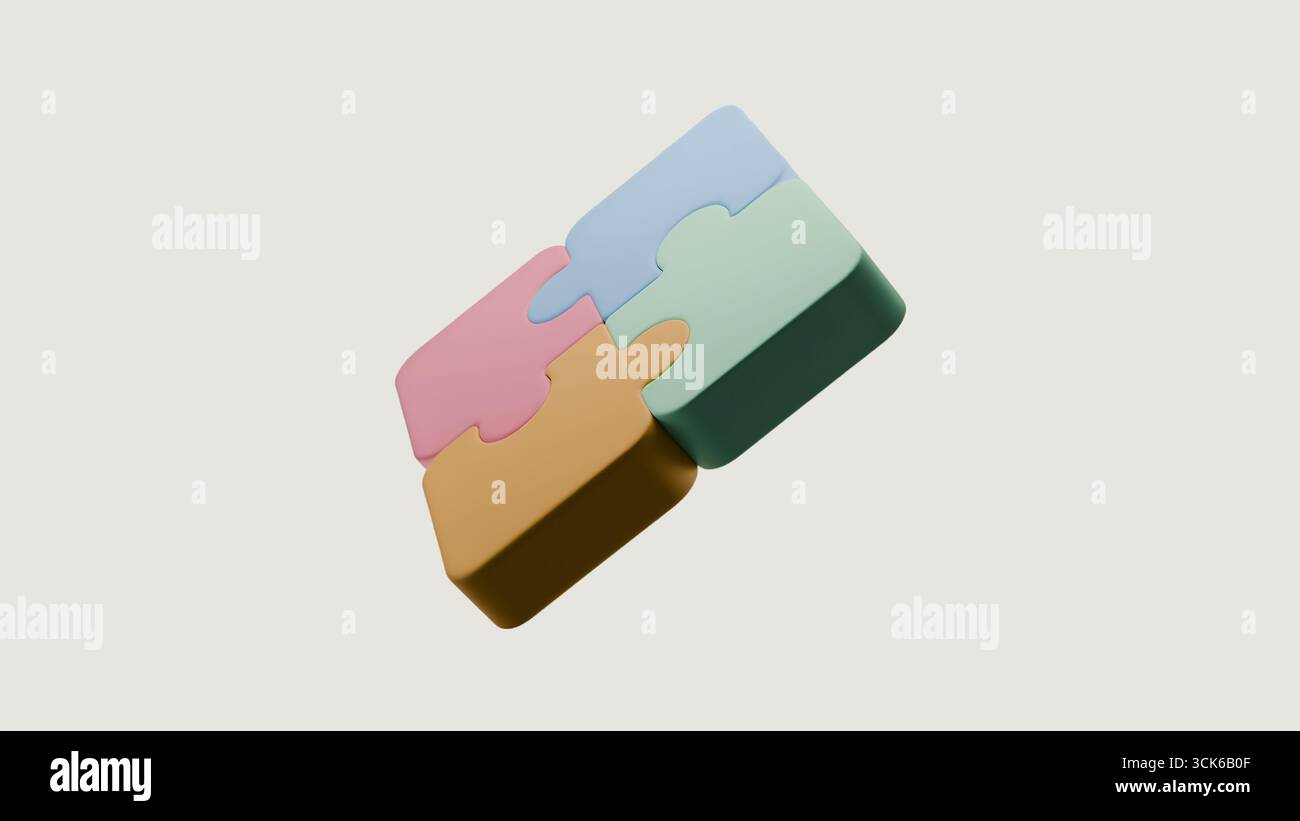 Un set di coloratissimi pezzi di puzzle 3D interconnessi tra loro. Ogni pezzo è di un colore pastello diverso, creando una scena coinvolgente e giocosa perfetta per ed Foto Stock