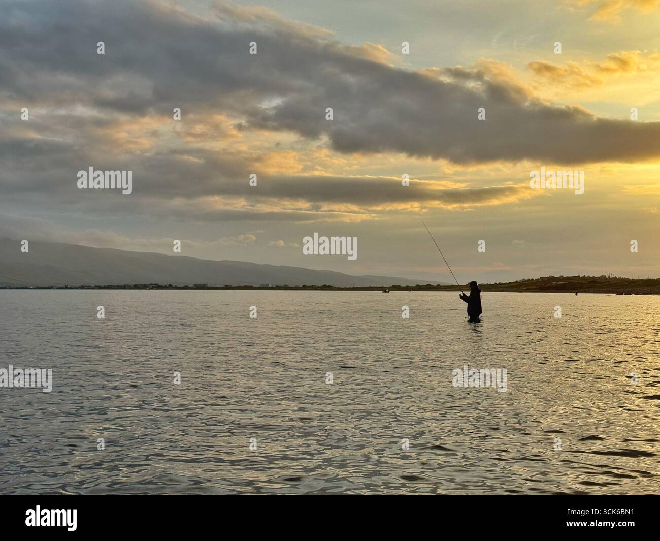 Un pescatore pescava in un estuario nella contea di Kerry, nel sud-ovest dell'Irlanda, poco dopo l'alba. Foto Stock