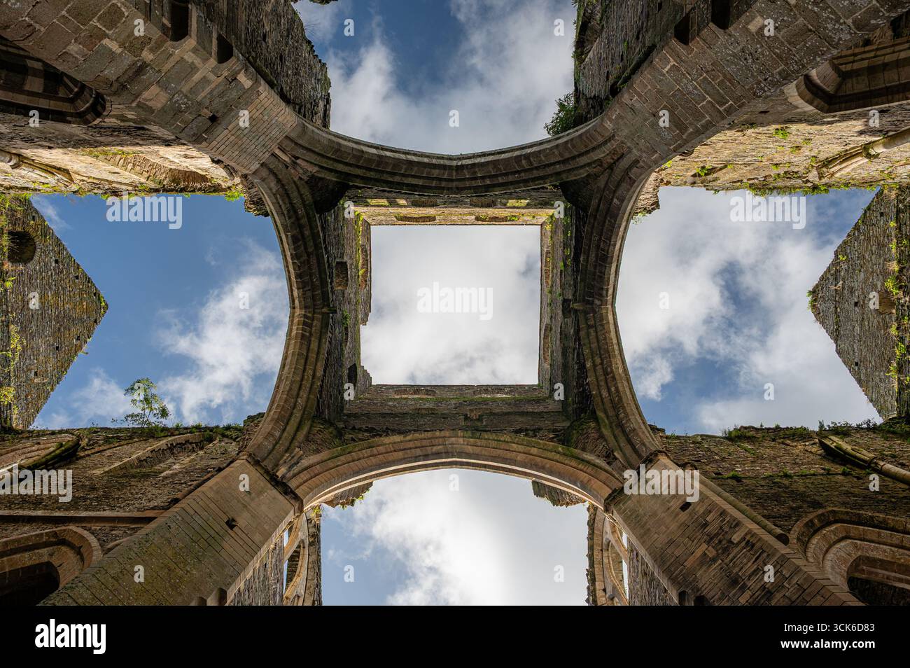 Vista verso l'alto del transetto e della navata delle rovine dell'abbazia di Hambye in Normandia, che mostra l'imponente muratura gotica in pietra contro il cielo. Foto Stock