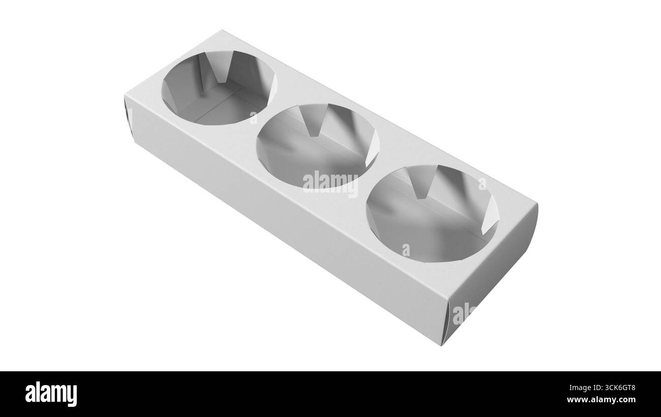 Un semplice vassoio per imballaggio bianco progettato per contenere tre articoli, con tre tacche circolari. Foto Stock