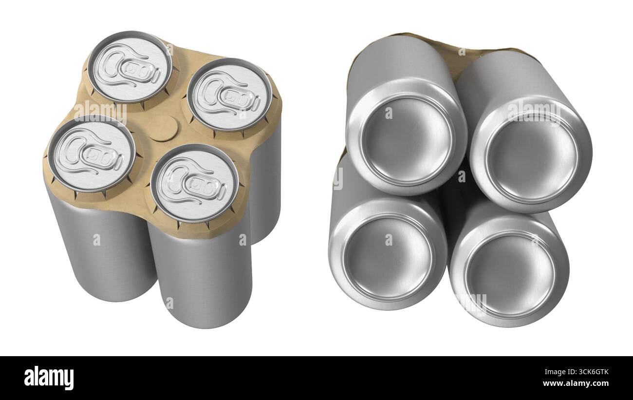 Una confezione da quattro lattine in alluminio, progettate per facilitare la manipolazione e il trasporto. Foto Stock