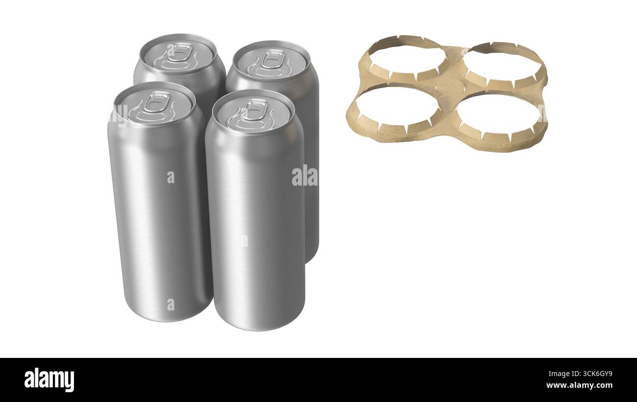 Un set di quattro lattine di argento accompagnate da un supporto in cartone, progettato per un facile trasporto delle bevande. Foto Stock