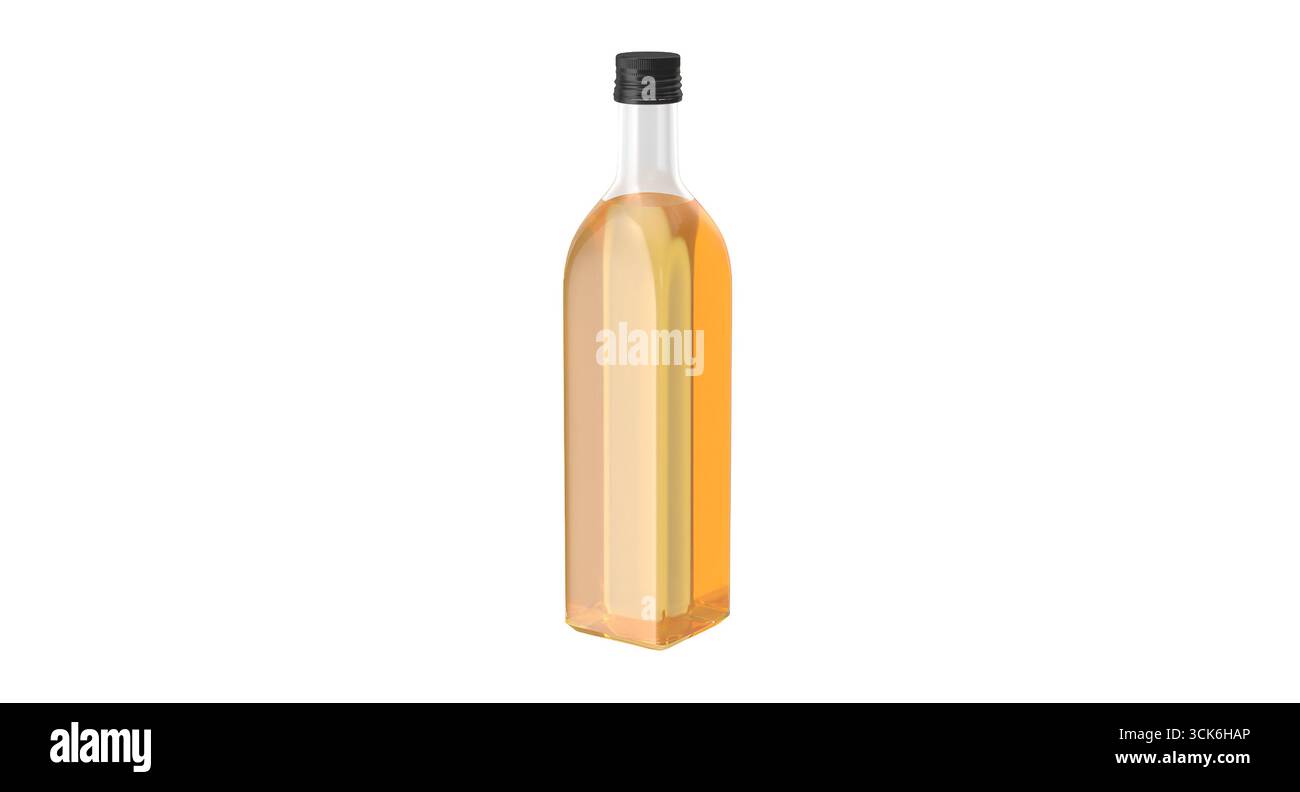 Un flacone trasparente riempito con un liquido dorato, probabilmente utilizzato per conservare bevande o cucinare ingredienti. Foto Stock