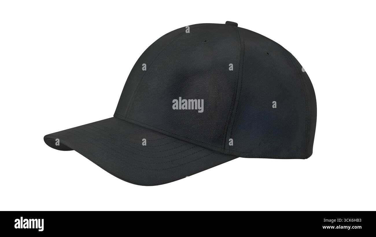 Un cappellino da baseball nero con bordo ricurvo, progettato per un abbigliamento casual e una protezione solare. Foto Stock