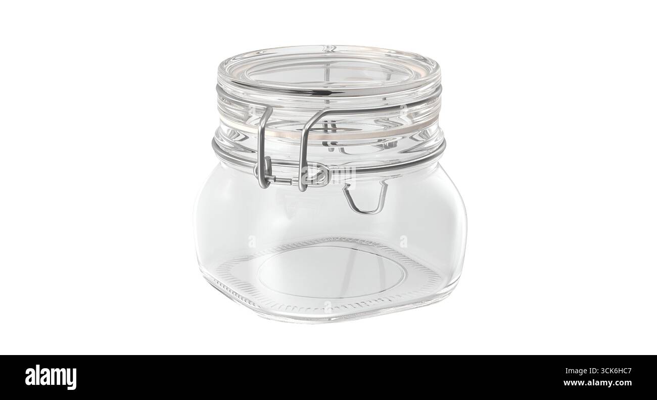 Vaso in vetro trasparente con coperchio a chiusura metallica, ideale per conservare in modo sicuro alimenti, spezie o piccoli oggetti. Foto Stock