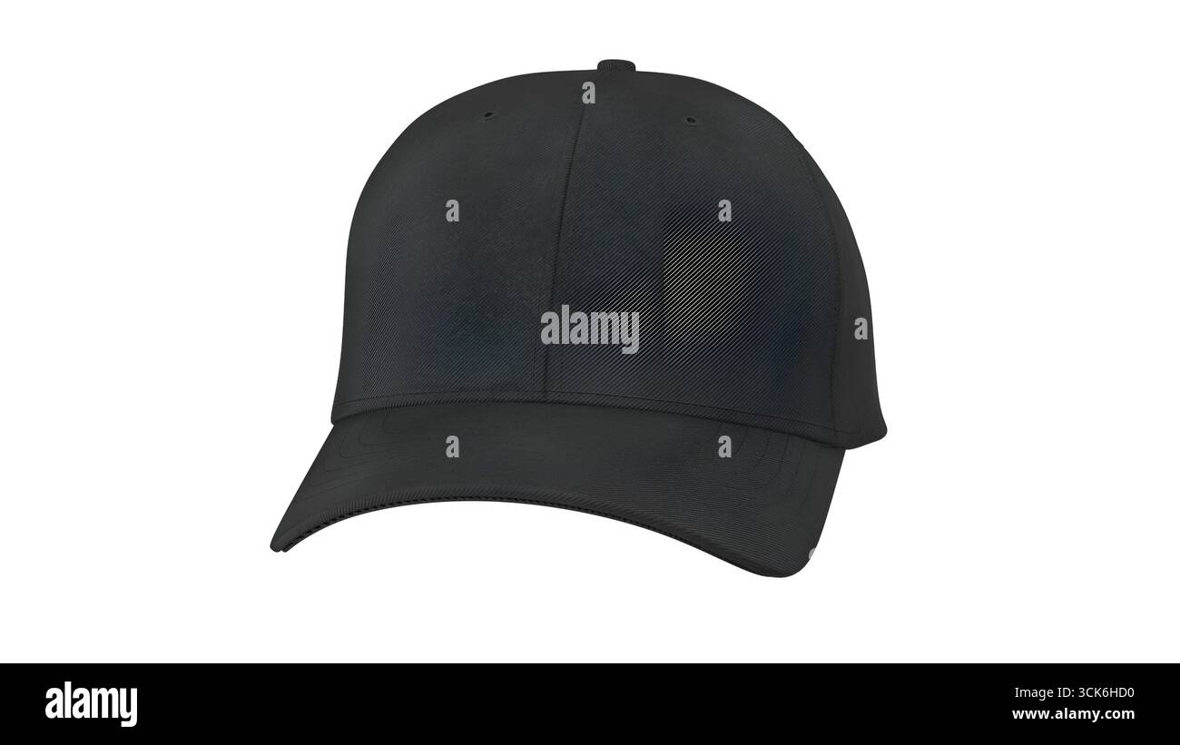Un semplice cappellino da baseball nero su sfondo bianco, adatto per l'abbigliamento casual o per scopi di branding. Foto Stock