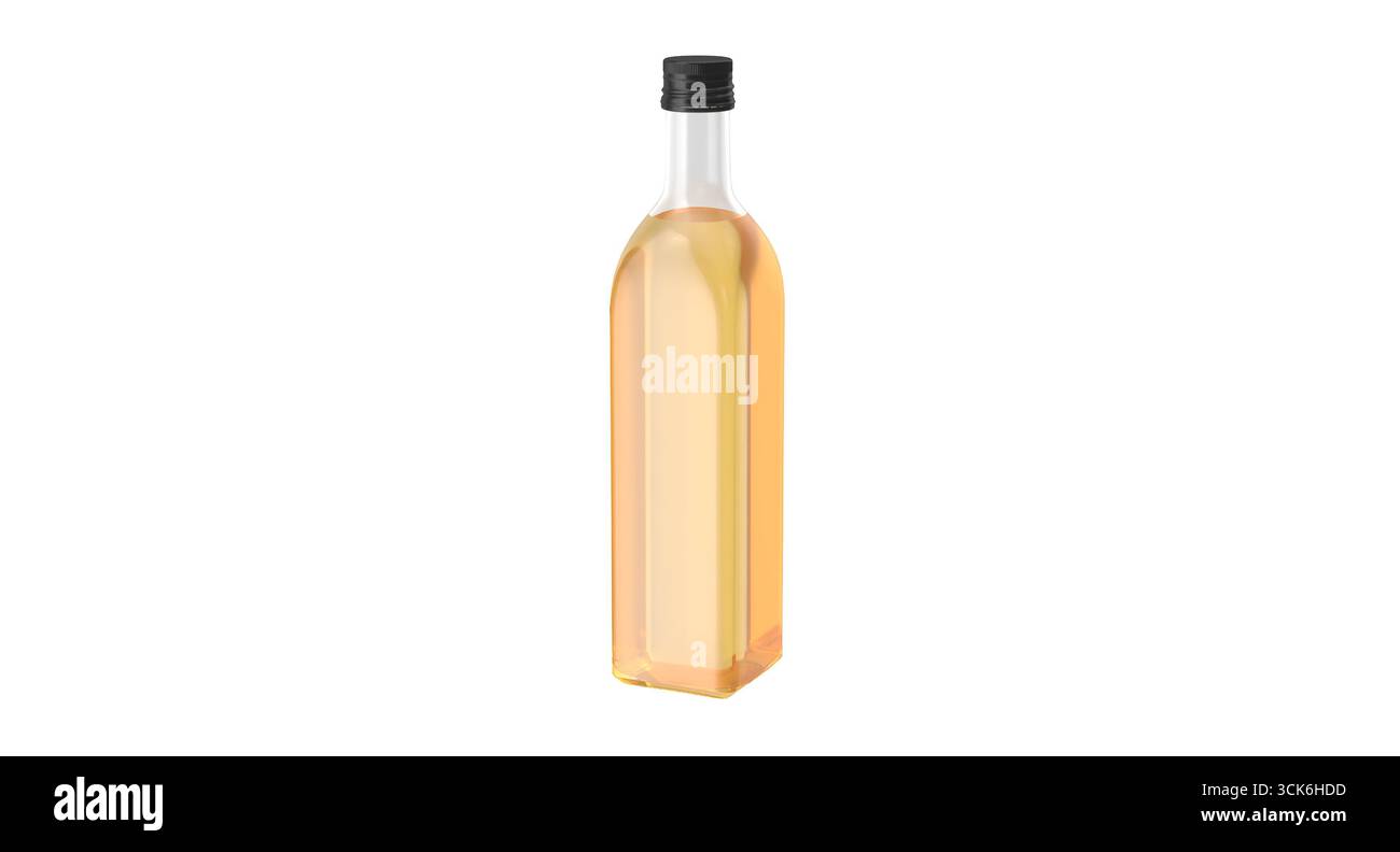 Flacone in vetro trasparente riempito di liquido di colore chiaro, generalmente utilizzato per bevande o oli da cucina. Foto Stock